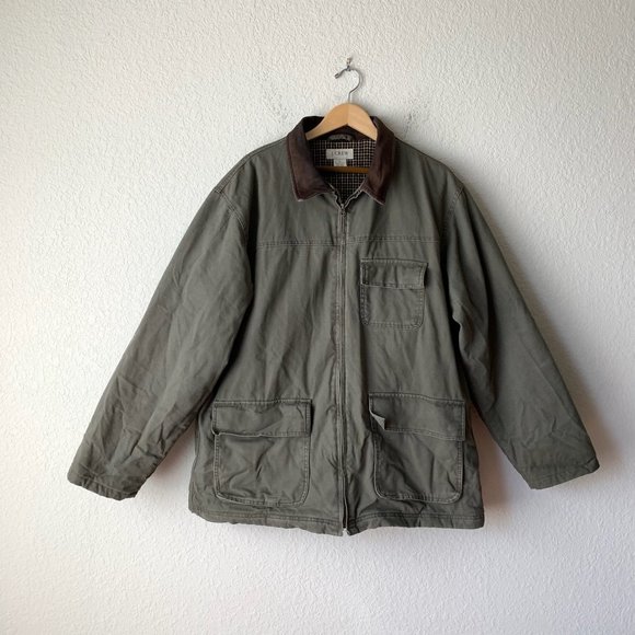 J. CREW Men's Canvas Full Zip Jacket Brown Genuine Leather Collar - Picture 1 of 9